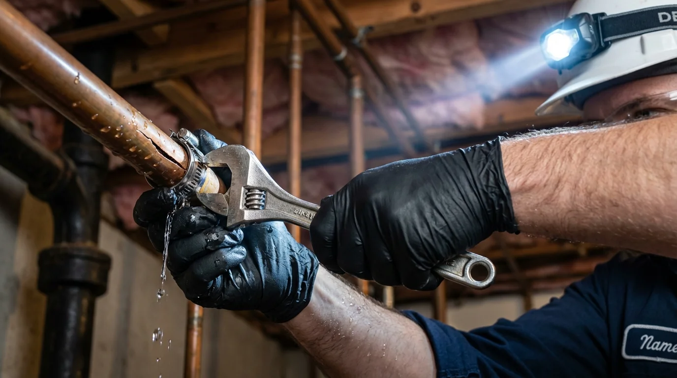Emergency pipe clamp repair being performed by a Johns Plumbing LLC plumber in Calhoun