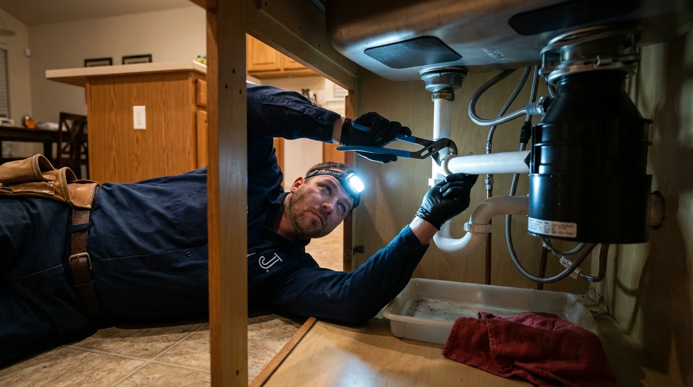 P-trap and supply line connections under a kitchen sink showing a common leak point in Calhoun, GA